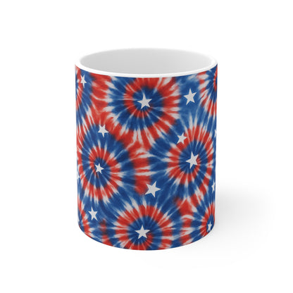 Patriotic Tie Dye Starburst Coffee Mug – Red White Blue Spiral Mug – Firework Style USA Mug – Retro 4th of July Mug 11oz