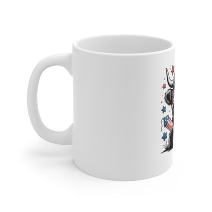 Patriotic Cow 11oz Mug — American Flag Sunglasses & Firework Design
