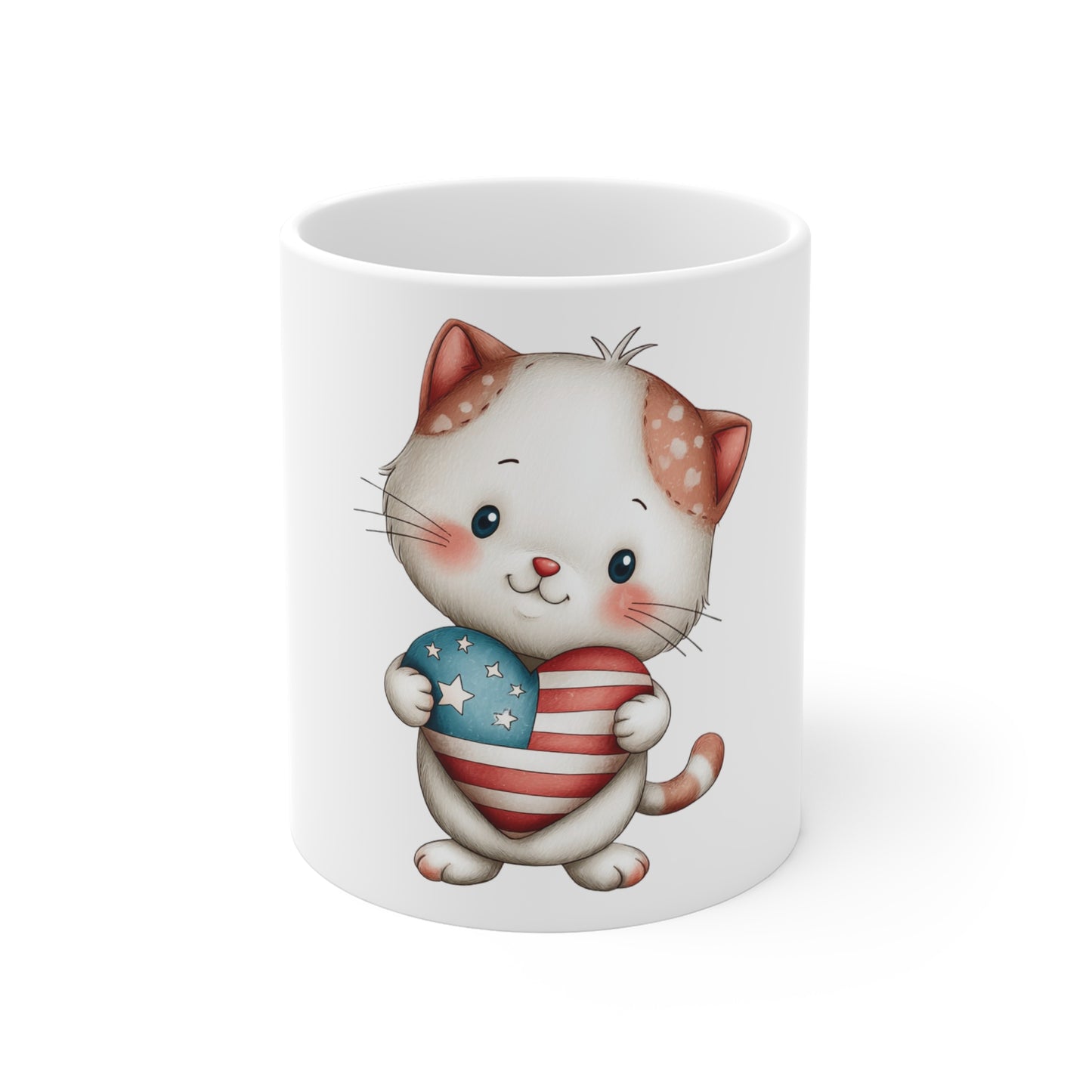 Patriotic Kitten Heart Coffee Mug – Cute Americana Cat Mug – Red White Blue Heart Cat Cup – Adorable 4th of July Gift Mug Patriotic Kitten Mug — Cute Cat Holding American Flag Heart, 11oz