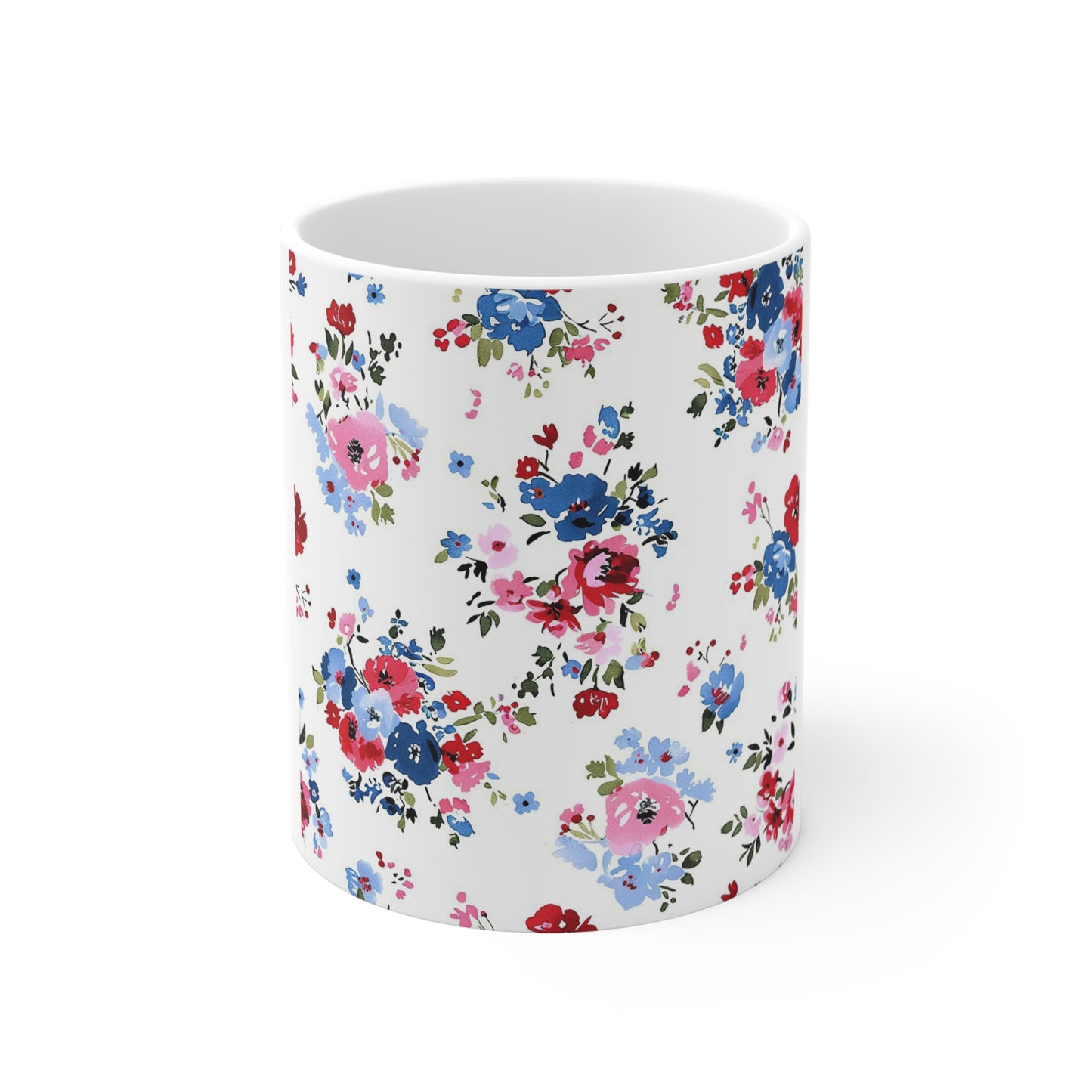 Romantic Patriotic Floral Coffee Mug – Red White Blue Vintage Garden Mug – Soft Americana Bloom Cup – Feminine Shabby Chic Mug Floral Bouquet Ceramic Mug – Vintage Pink & Blue Rose Pattern 11oz...