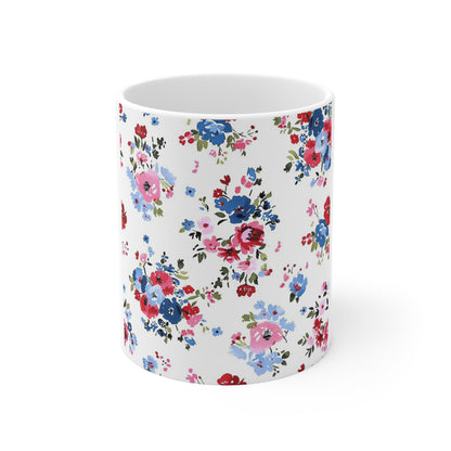 Romantic Patriotic Floral Coffee Mug – Red White Blue Vintage Garden Mug – Soft Americana Bloom Cup – Feminine Shabby Chic Mug Floral Bouquet Ceramic Mug – Vintage Pink & Blue Rose Pattern 11oz...