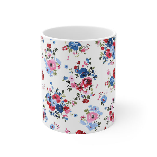 Romantic Patriotic Floral Coffee Mug – Red White Blue Vintage Garden Mug – Soft Americana Bloom Cup – Feminine Shabby Chic Mug Floral Bouquet Ceramic Mug – Vintage Pink & Blue Rose Pattern 11oz...