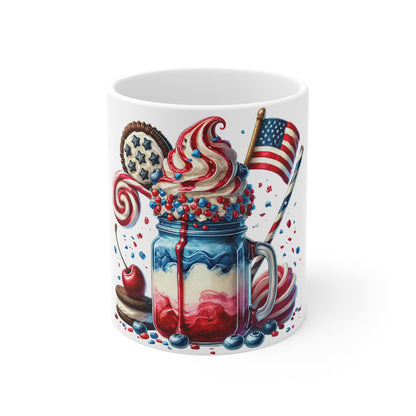 Patriotic Candy Milkshake Coffee Mug – 4th of July Dessert Mug – Red White Blue Ice Cream Sundae Cup with Lollipop & Flag Patriotic Red White & Blue Dessert Mug — 11oz USA Flag Milkshake Coffee Cup...