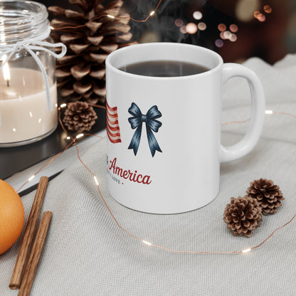 God Bless America 11oz Mug — Patriotic Flag & Ribbon Coffee Cup