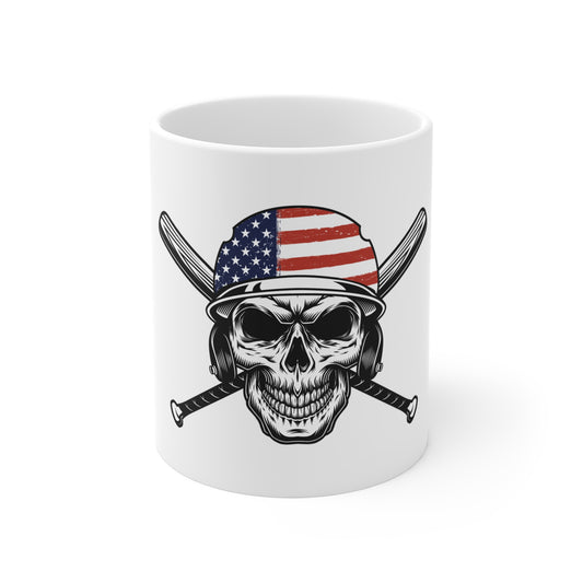 Patriotic Baseball Skull Mug – American Flag Skull Coffee Cup – 4th of July Sports Freedom Design Mug 11oz