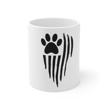 Distressed American Flag Paw Print Coffee Mug – Grunge USA Dog Lover Mug – Patriotic Pet Paw Cup – Rustic Animal Lover Gift Mug 11oz