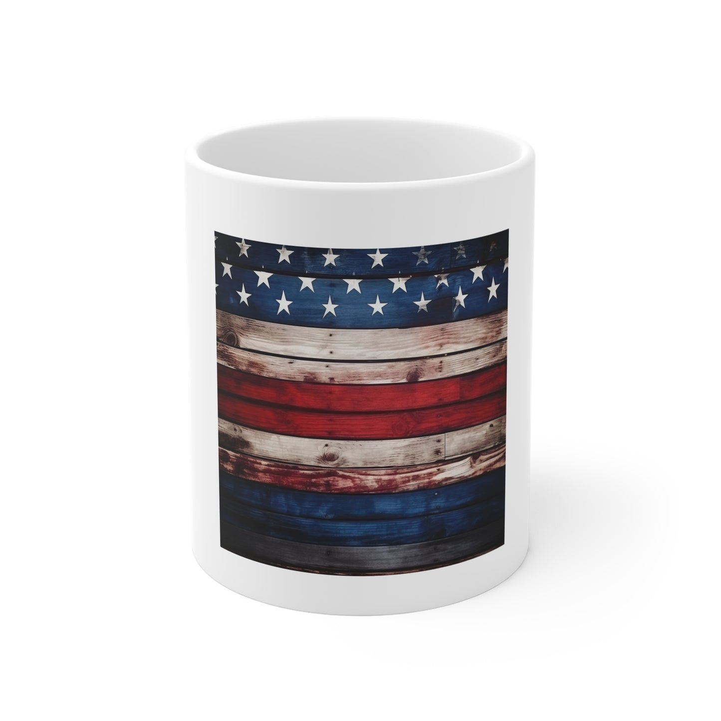 Rustic American Flag Wood Coffee Mug – Dark Weathered USA Flag Mug – Vintage Wooden Plank Patriotic Cup – Bold Americana Gift Distressed American Flag Mug — Rustic USA 11oz Coffee Cup