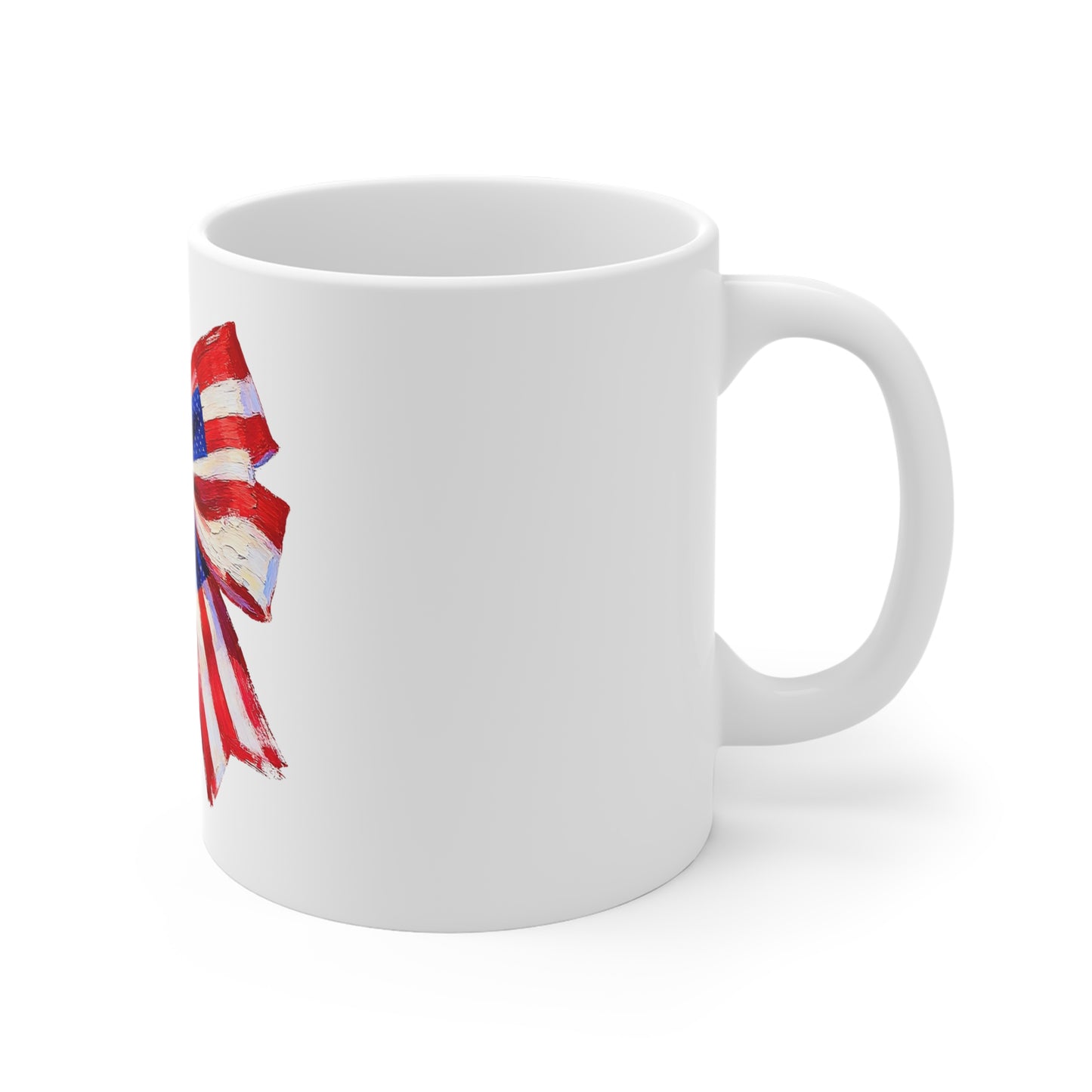 Patriotic American Flag Bow Mug — 11oz Fourth of July Coffee Cup