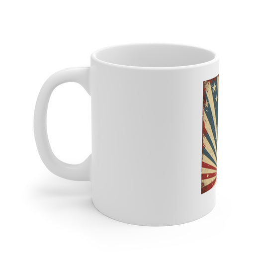 Vintage Americana Sunburst Coffee Mug – Retro Patriotic Rays Mug – Distressed USA Starburst Cup – Classic Vintage Flag Gift Vintage American Flag Sunburst Mug – Patriotic 11oz Coffee Cup