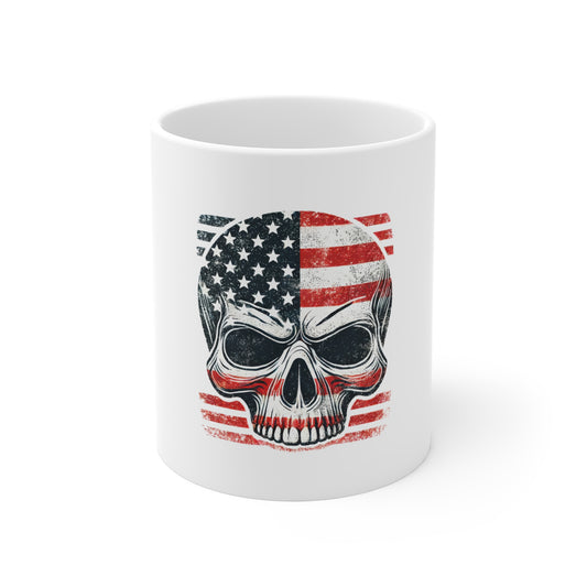 American Flag Skull Mug — Patriotic 11oz Coffee Cup