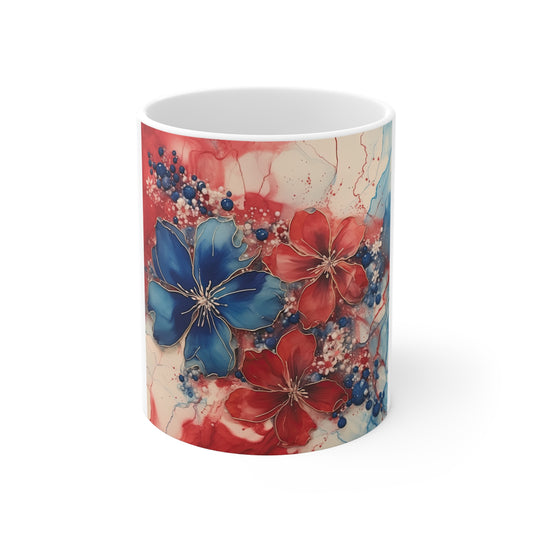 Patriotic Red Blue Floral Coffee Mug – Elegant Americana Flower Mug – Watercolor Botanical Art Cup – Premium Gift Mug Patriotic Red & Blue Floral Ceramic Mug – 11oz Coffee Cup