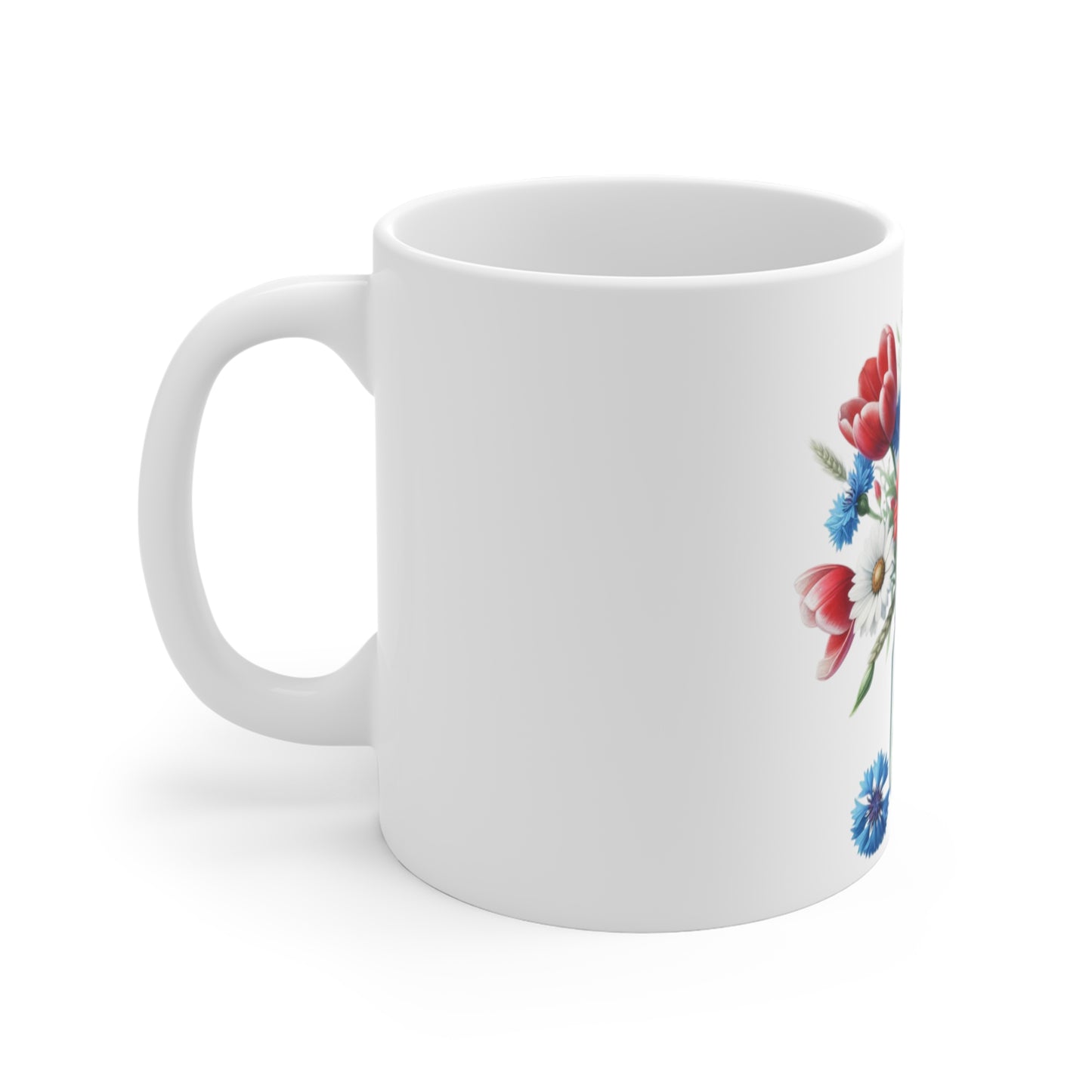Patriotic Tulip & Daisy Coffee Mug – Red White Blue Floral Mason Jar Mug – Americana Spring Flower Cup – Elegant 4th of July Gift 11oz Floral Mason Jar Mug — Red Tulips, Daisies & Cornflowers Coffee...