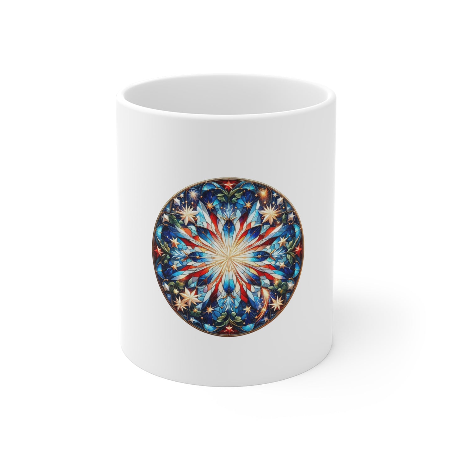 Stained Glass Patriotic Starburst Mug – Firework Americana Coffee Mug – Red White Blue Celebration Cup – Fourth of July Art Gift Mug 11oz