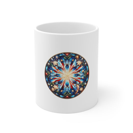 Stained Glass Patriotic Starburst Mug – Firework Americana Coffee Mug – Red White Blue Celebration Cup – Fourth of July Art Gift Mug 11oz