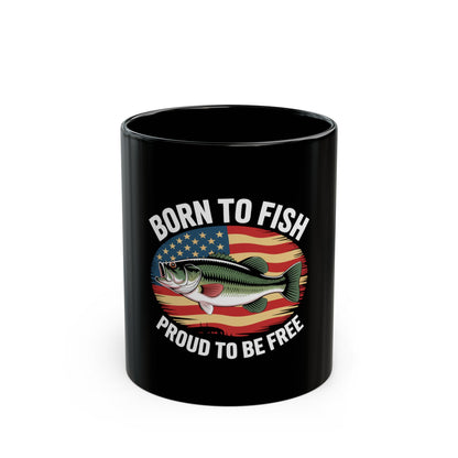 Fishing Mug — "Born to Fish, Proud to Be Free" American Flag Bass Coffee Mug