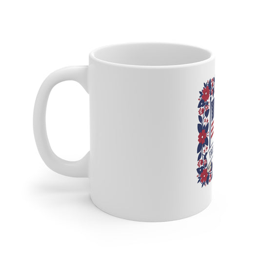 Patriotic Floral USA Flag Coffee Mug – Freedom 1776–2026 Mug – American Flag Wreath Cup – Fourth of July Gift Mug 11oz