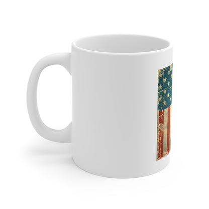Vintage American Flag Coffee Mug – Vertical Patriotic USA Mug – Distressed Stars & Stripes 11oz Ceramic Cup – Classic Americana Gift