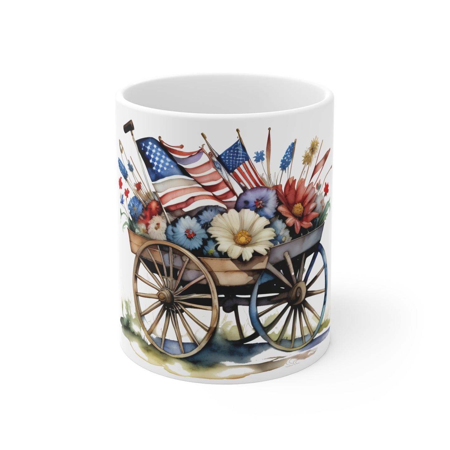 Patriotic Wagon Floral Mug – Americana Watercolor Garden Coffee Cup – Rustic Farmhouse USA Flag Mug 11oz