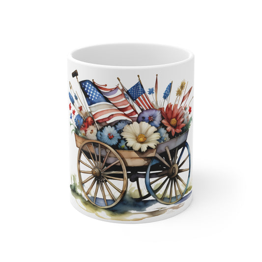 Patriotic Wagon Floral Mug – Americana Watercolor Garden Coffee Cup – Rustic Farmhouse USA Flag Mug 11oz
