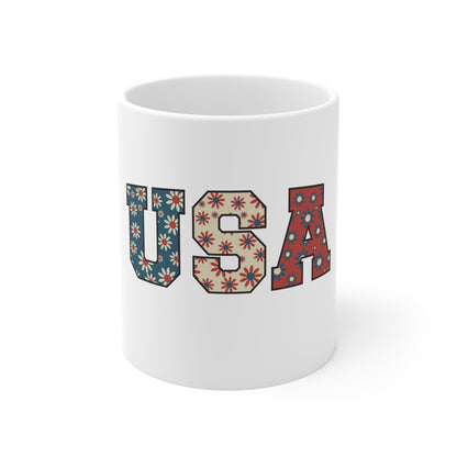Floral USA Varsity Mug – Patriotic Flower Pattern Coffee Mug – Retro Americana Daisy USA Cup – Vintage Style USA Gift Mug 11oz