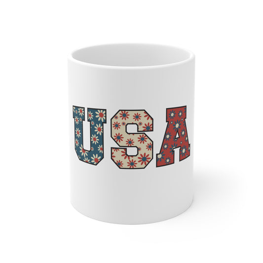 Floral USA Varsity Mug – Patriotic Flower Pattern Coffee Mug – Retro Americana Daisy USA Cup – Vintage Style USA Gift Mug 11oz