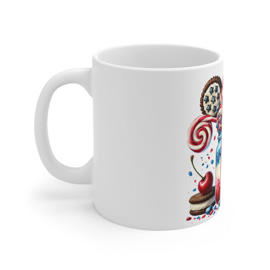 Patriotic Candy Milkshake Coffee Mug – 4th of July Dessert Mug – Red White Blue Ice Cream Sundae Cup with Lollipop & Flag Patriotic Red White & Blue Dessert Mug — 11oz USA Flag Milkshake Coffee Cup...