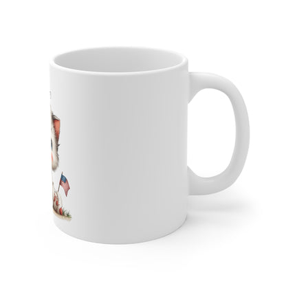 Patriotic Kitten Fireworks Mug – Cute 4th of July Cat Coffee Mug – Americana Rocket Cat Mug – Red White Blue Cat Gift Patriotic Kitten 11oz Coffee Mug — Cute USA Flag Rocket Cat
