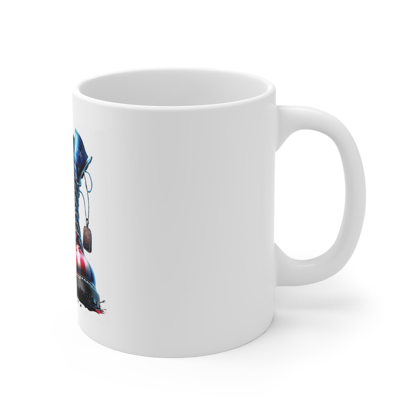 Patriotic Combat Boots Coffee Mug – American Flag Military Boots with Dog Tags – USA Freedom Tribute Mug – Bold Veteran Gift Mug 11oz