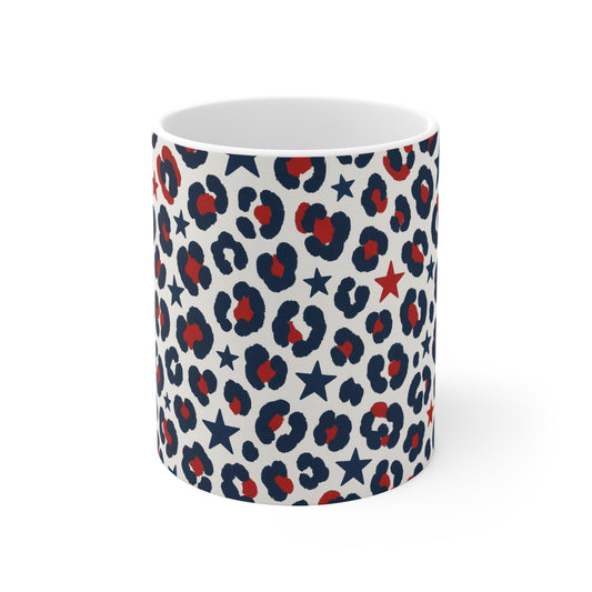 Patriotic Leopard Print Coffee Mug – Red White Blue Pattern Mug – Trendy USA Print Mug – Fun Americana Gift11oz