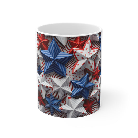 3D Patriotic Star Cluster Coffee Mug – Bold Red White Blue Star Pattern Mug – Layered Americana Starburst Design – USA Stars Mug 11oz