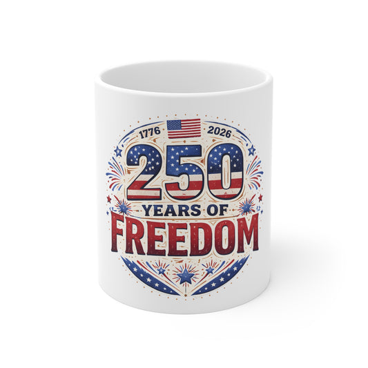 250 Years of Freedom Mug 1776–2026 – Vintage Patriotic USA Coffee Cup – American Flag Anniversary Mug 11oz