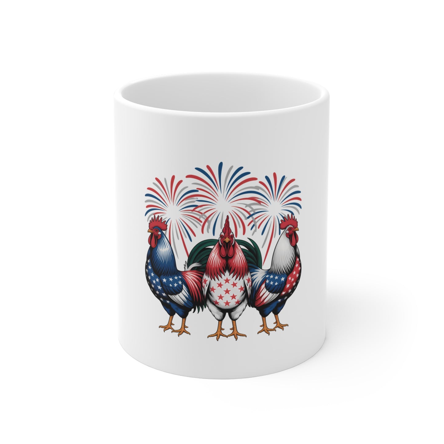 Patriotic Rooster Mug — 11oz Americana Fireworks Coffee Cup