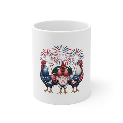 Patriotic Rooster Mug — 11oz Americana Fireworks Coffee Cup