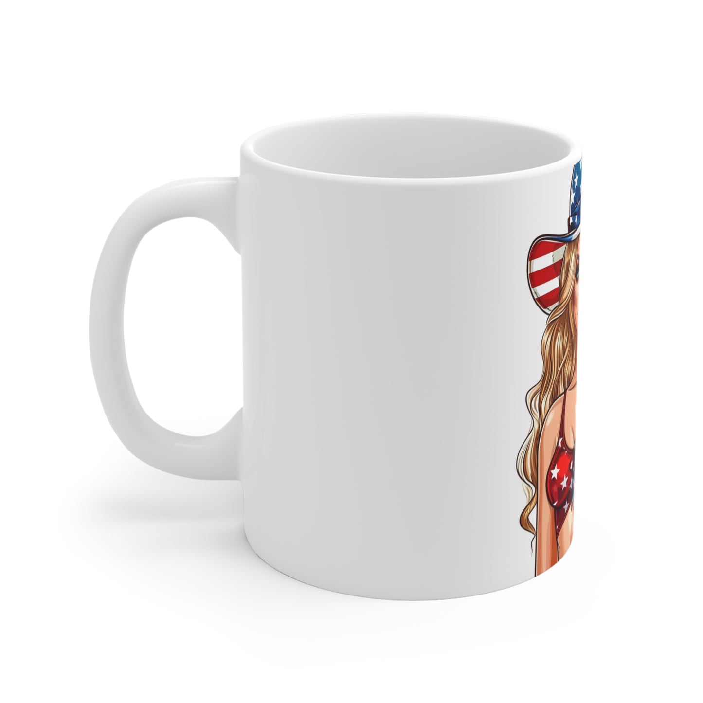 Patriotic Cowgirl Coffee Mug – USA Flag Hat Pin-Up Mug – Americana Western Woman Art Cup – Bold 4th of July Gift Mug 11oz