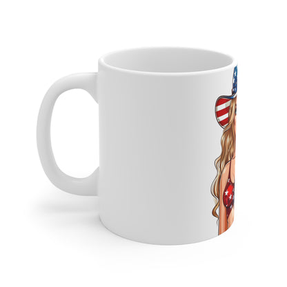 Patriotic Cowgirl Coffee Mug – USA Flag Hat Pin-Up Mug – Americana Western Woman Art Cup – Bold 4th of July Gift Mug 11oz