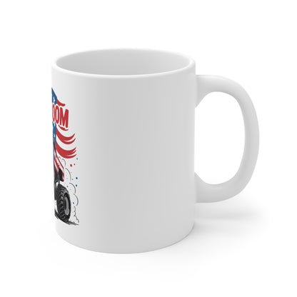Red White & Boom Monster Truck Coffee Mug – Patriotic Off-Road Truck Mug – 4th of July Power Truck Cup – Bold Americana Gift Mug 11oz