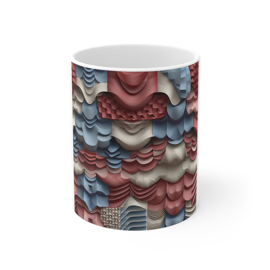 Layered 3D Patriotic Coffee Mug – Red White Blue Abstract Texture Mug – Sculpted Wave Design – Modern Americana Art Mug Abstract Textured Pattern Ceramic Mug — Red, Blue & Beige Layered Design (11oz...