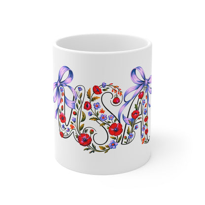 Floral USA 11oz Ceramic Mug — Patriotic Red Poppy & Ribbon Coffee Cup