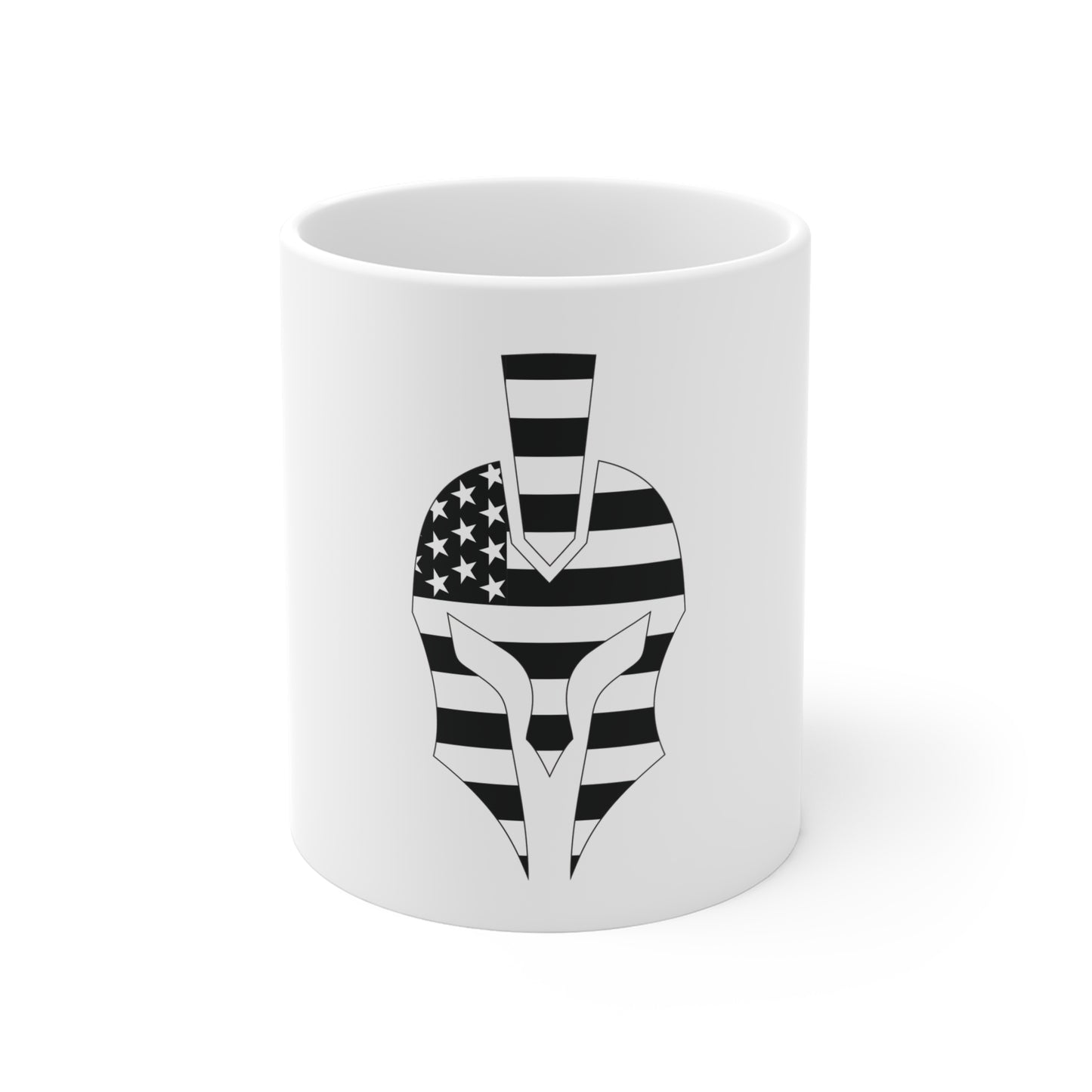 Spartan Helmet American Flag Coffee Mug – Patriotic Warrior Mug – USA Spartan Shield Cup – Black & White Military Style Mug Mug 11oz