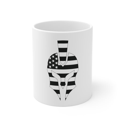 Spartan Helmet American Flag Coffee Mug – Patriotic Warrior Mug – USA Spartan Shield Cup – Black & White Military Style Mug Mug 11oz