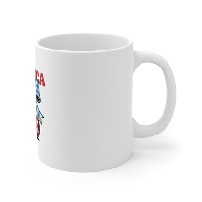 America Cherry Mug — Patriotic 11oz Coffee Cup with Stars & Gingham Bow