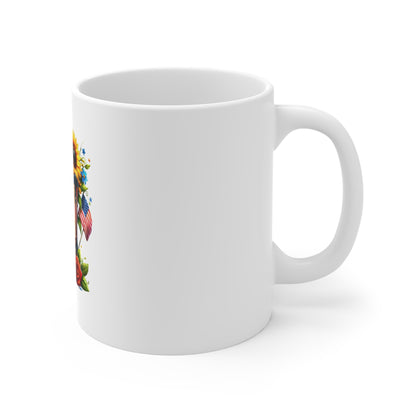 Patriotic Sunflower Cowboy Boot Mug — 11oz USA Flag Floral Coffee Cup
