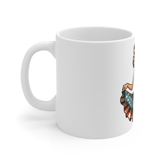 Patriotic Pin-Up Flag Dress Mug – Vintage Americana Woman Coffee Mug – Retro USA Stars and Stripes Cup – Classic American Beauty Mug – Fourth of July Gift Patriotic Pin-Up Girl Mug — 11oz American...