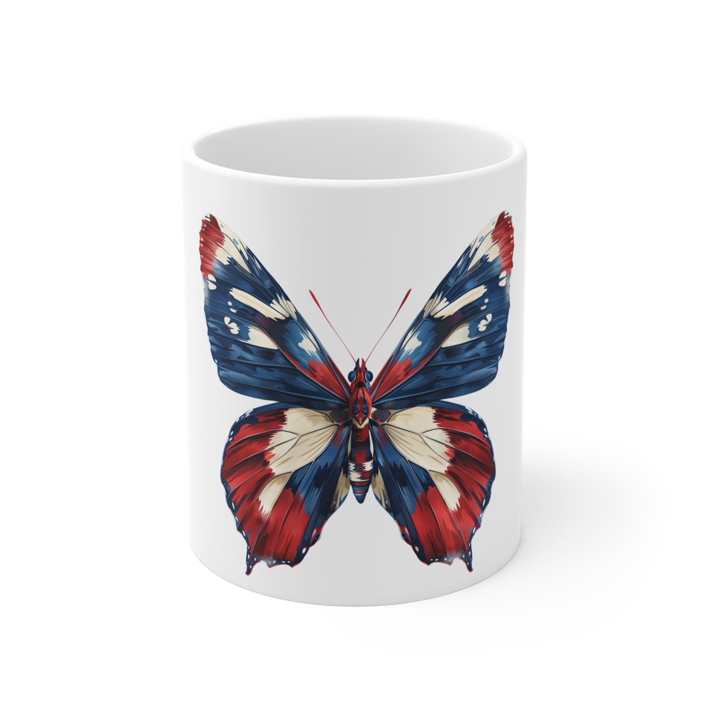 Patriotic Brushstroke Butterfly Mug – Red White Blue Abstract Butterfly Coffee Mug – Artistic Americana Cup – Bold Freedom Art Mug Mug 11oz