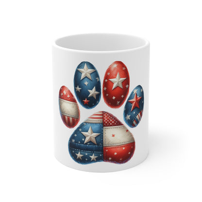 Patriotic Star Paw Coffee Mug – Bold Americana Dog Paw Mug – Red White Blue Star Pattern Mug – USA Dog Lover Gift Patriotic Paw Print Mug – American Flag Dog Lover 11oz Coffee Cup