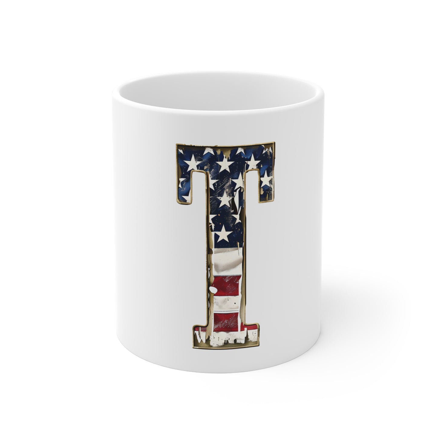 Patriotic Letter T Coffee Mug – American Flag Initial Mug – Vintage USA Monogram Mug – Distressed Americana Alphabet Gift Mug 11oz