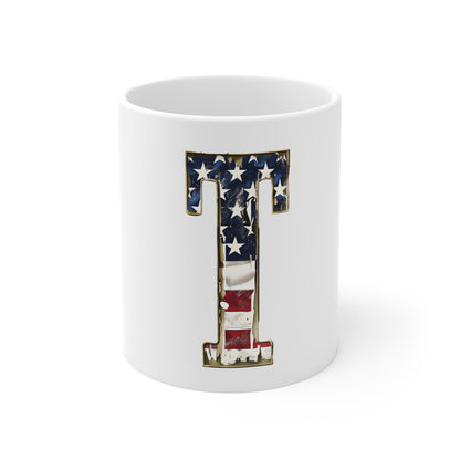Patriotic Letter T Coffee Mug – American Flag Initial Mug – Vintage USA Monogram Mug – Distressed Americana Alphabet Gift Mug 11oz