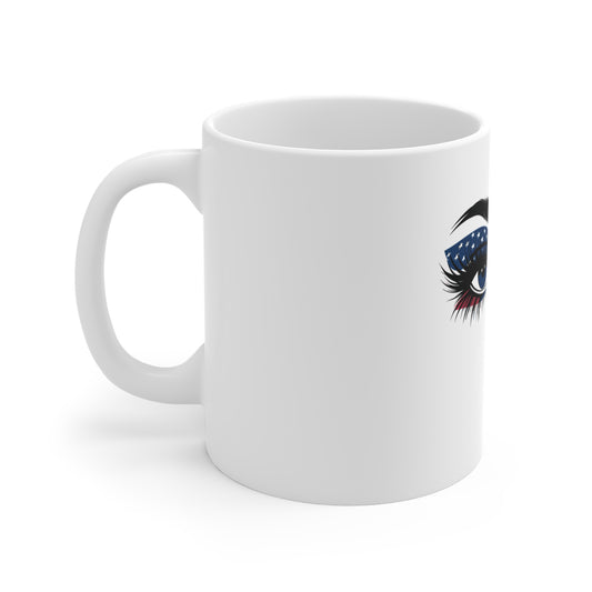 Patriotic Eyes Coffee Mug – American Flag Makeup Eyes Mug – USA Red White Blue Eye Art Cup – Bold Americana Beauty Mug Mug 11oz