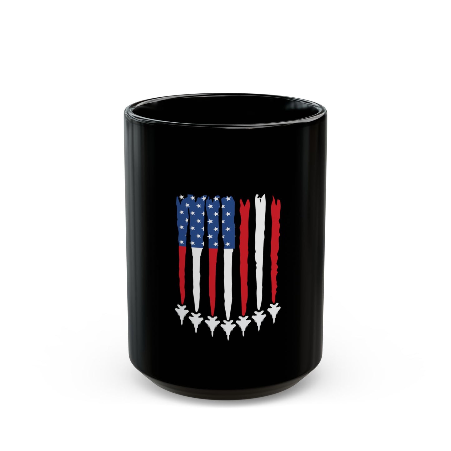 Patriotic Jet Stripe Mug – American Flag Fighter Jet Coffee Mug – USA Aviation Flag Cup – Red White Blue Military Mug (11oz, 15oz)