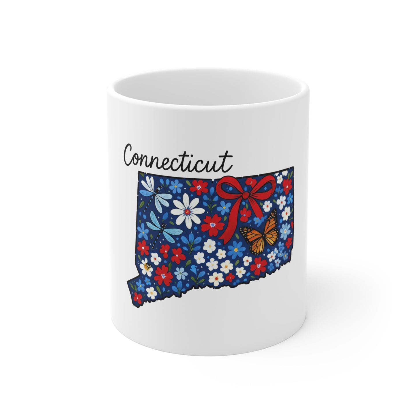 Connecticut Floral State Map 11oz Mug — Cute Red White Blue Flowers & Butterfly